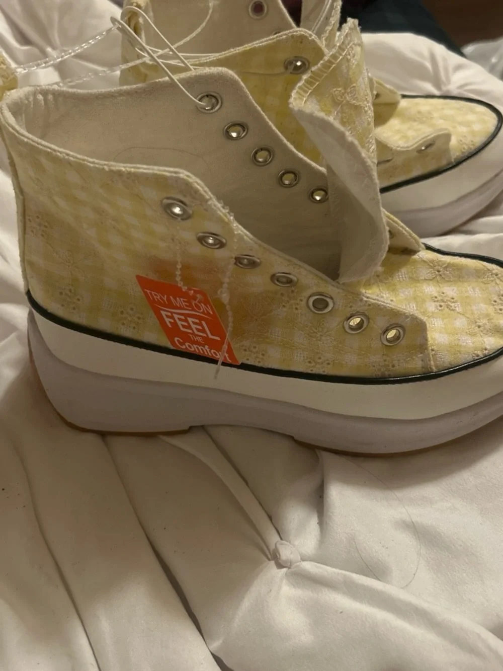 Kids White Canvas High-Top Sneakers with Yellow Plaid Lining
